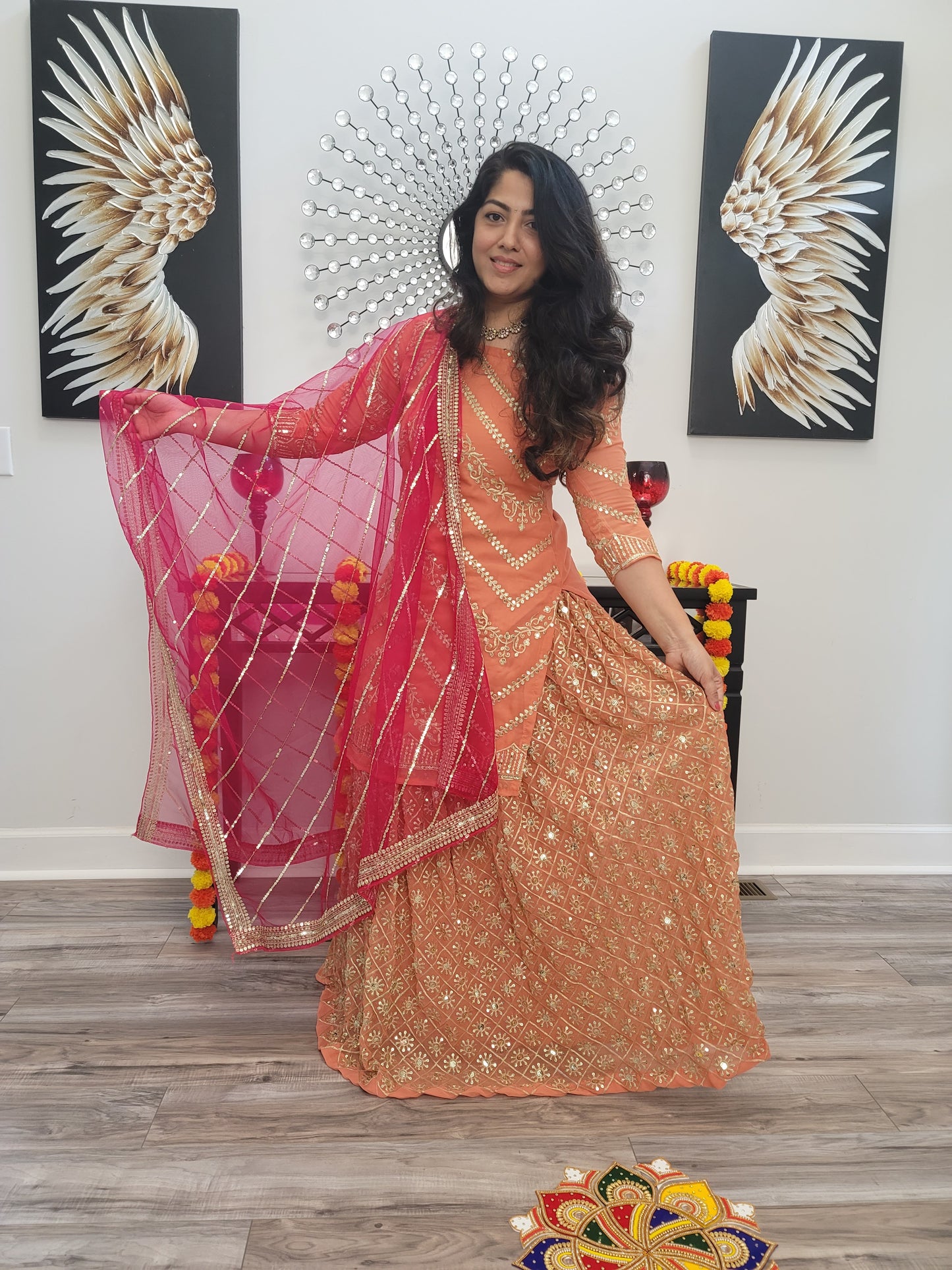 Orange Long Top Lehenga Set