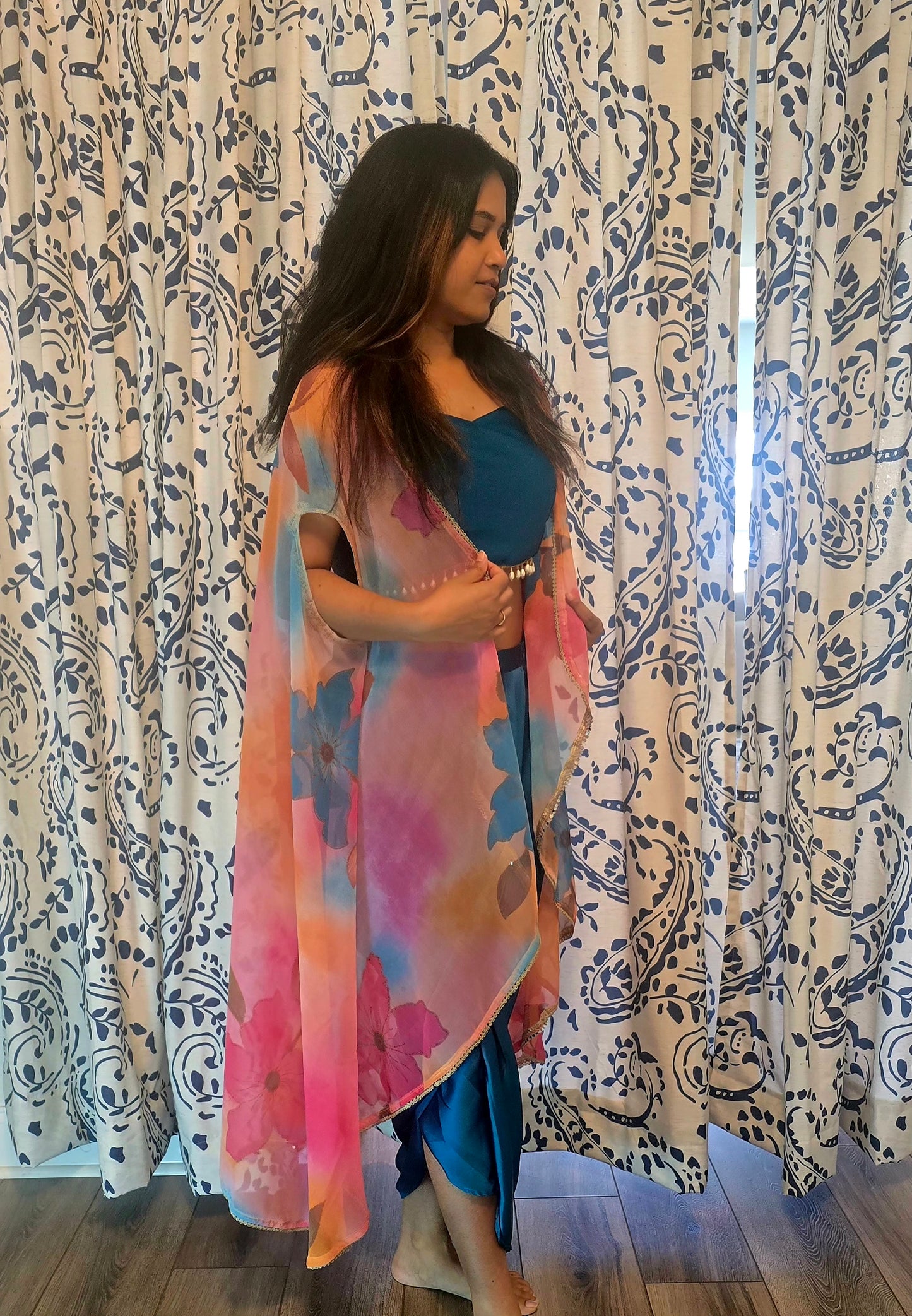 Blue Satin Silk Dhoti Set with Multi Shrug