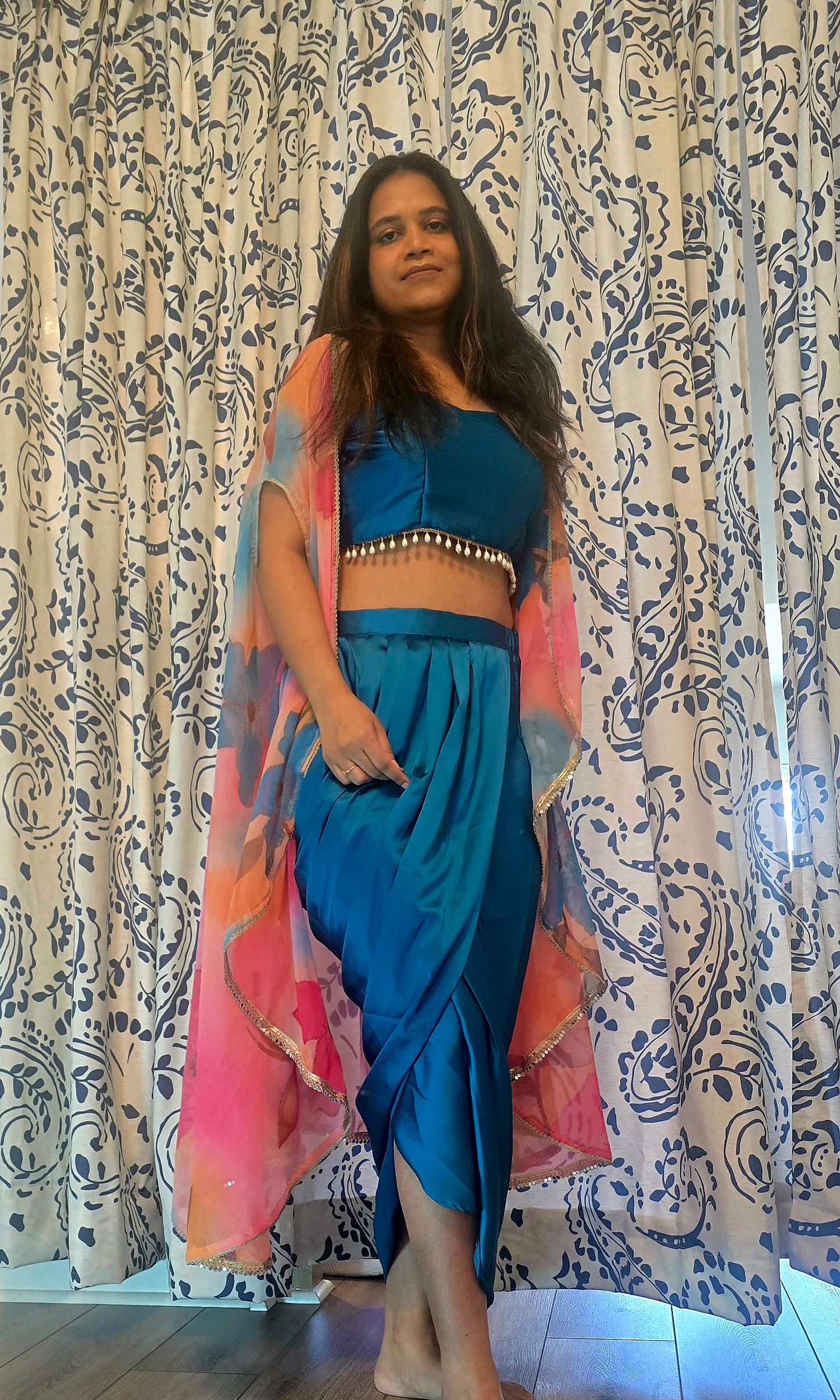 Blue Satin Silk Dhoti Set with Multi Shrug