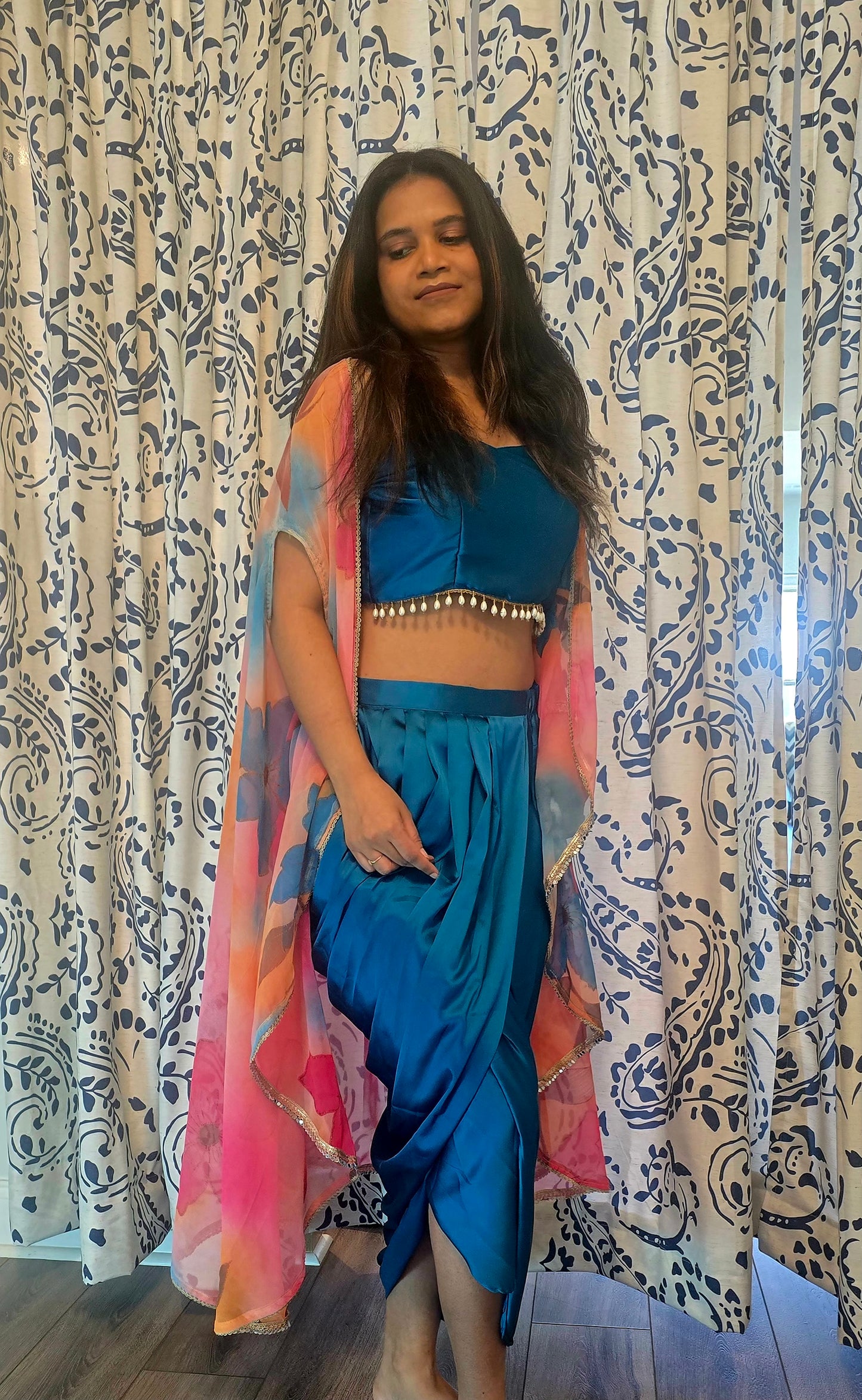 Blue Satin Silk Dhoti Set with Multi Shrug