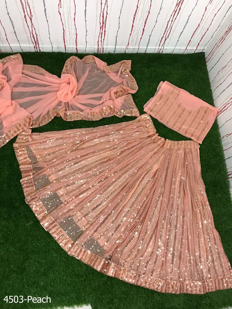 Peach Georgette Twill Sequins Lehenga