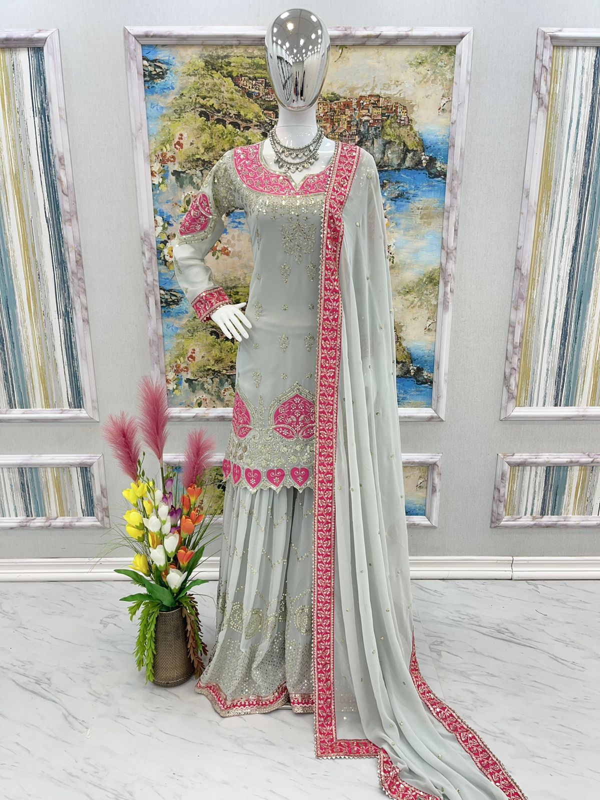 (Preorder) Embroidery work Sharara Suit with Plazzo pants