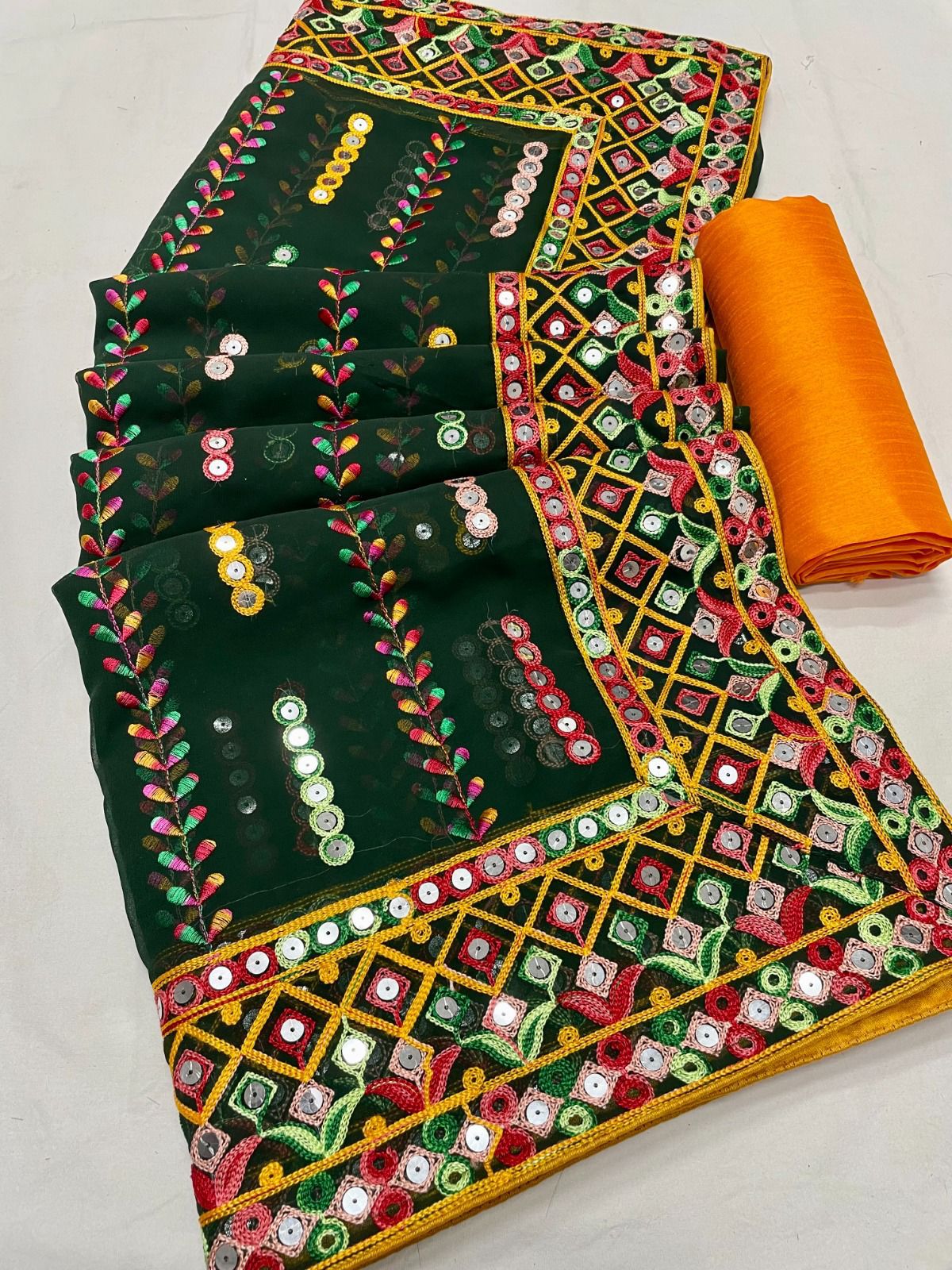 Dark Green Heavy Georgette Thread Embroidery Saree