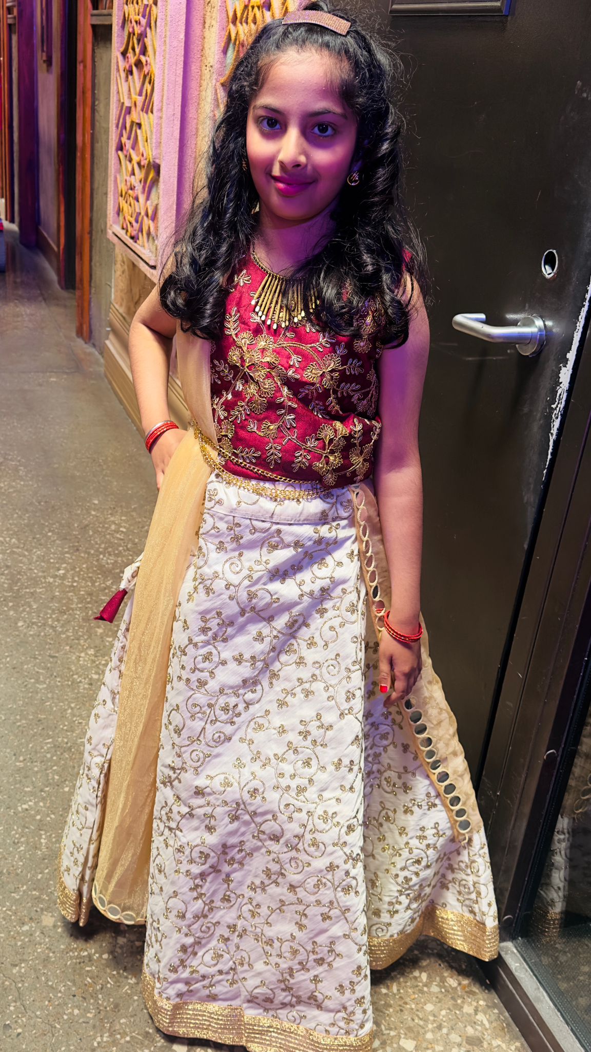 White/Red Girls Brocade Lehenga