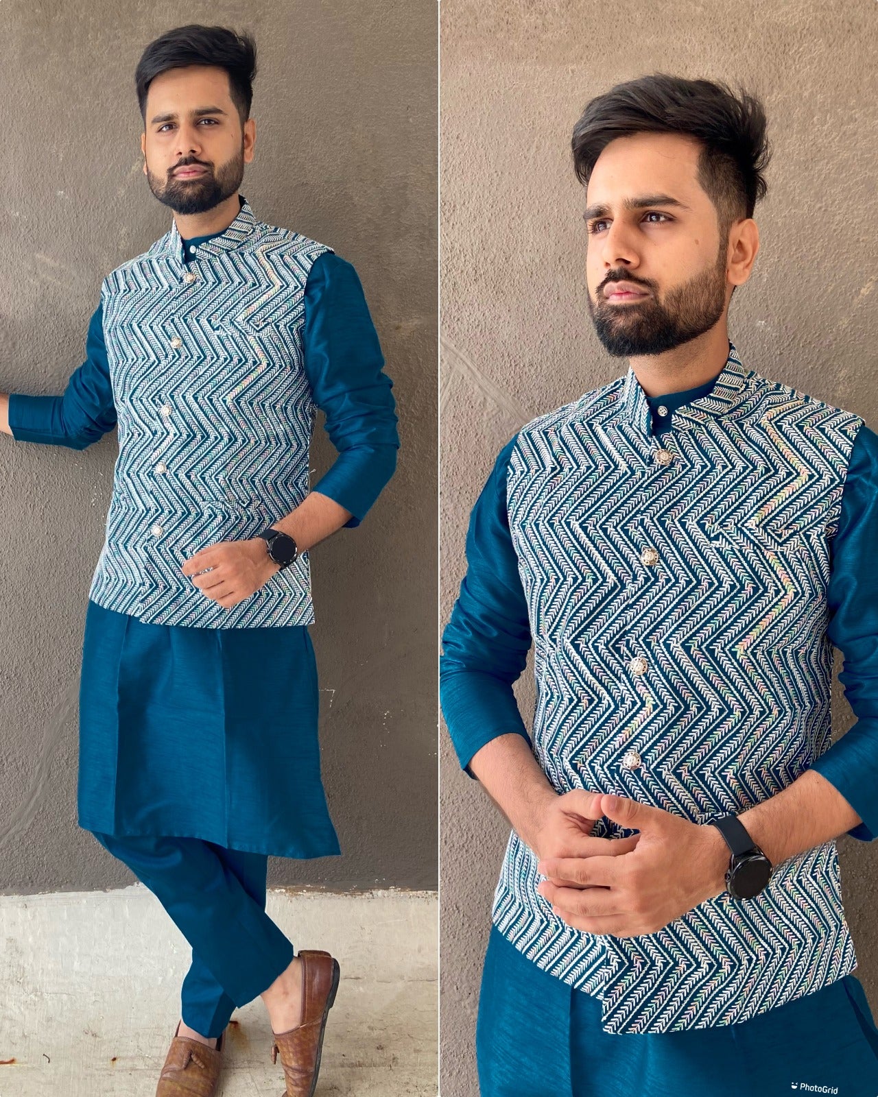 Mens Silk Kurta Pajama Set with Vest