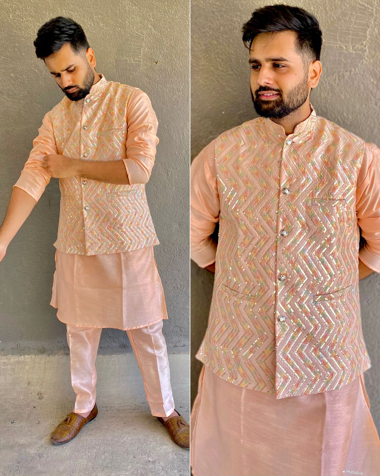 Mens Silk Kurta Pajama Set with Vest