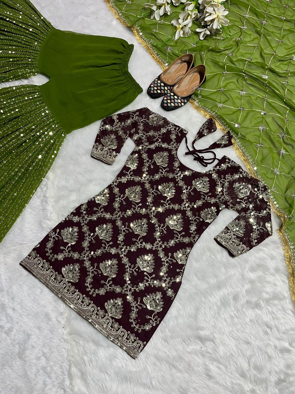 Dark Purple Georgette Kurti with Green Plazzo