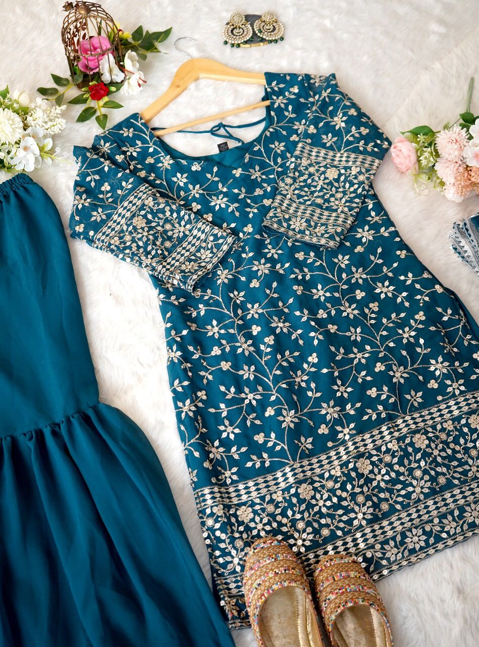 Teal Blue Kurti with Sharara
