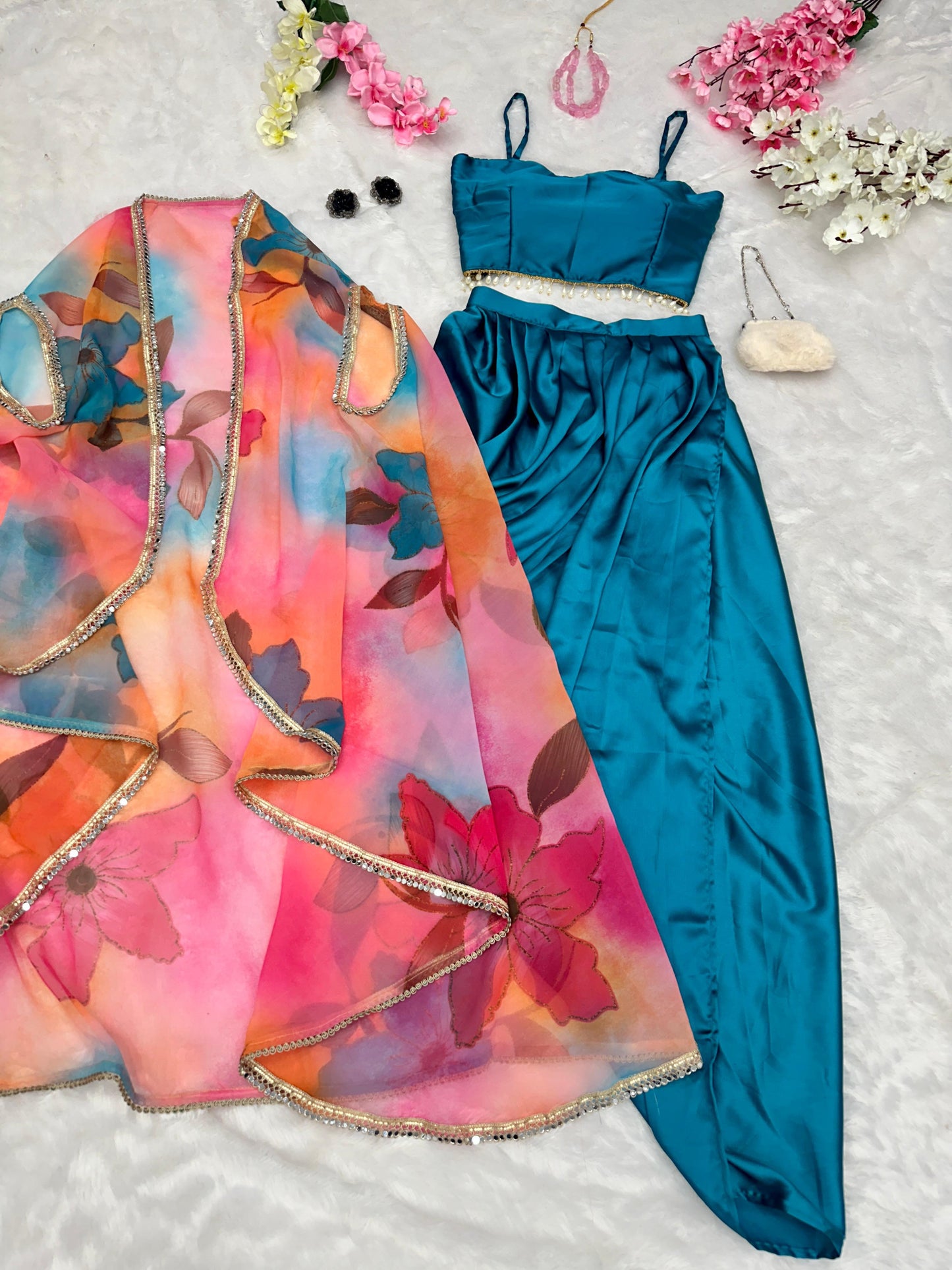 Blue Satin Silk Dhoti Set with Multi Shrug