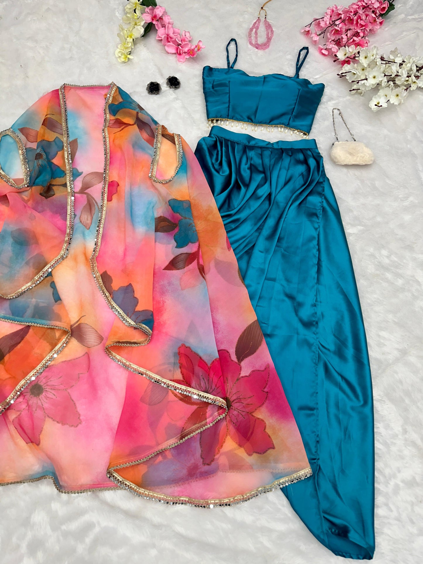 Blue Satin Silk Dhoti Set with Multi Shrug