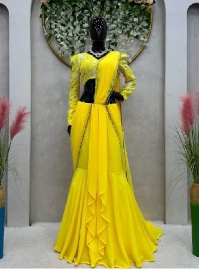 Yellow Georgette Saree Gown