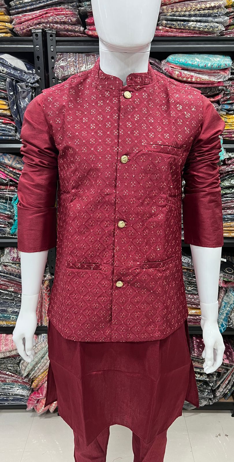 Mens BangaloriSilk Kurta Pajama Set with Vest