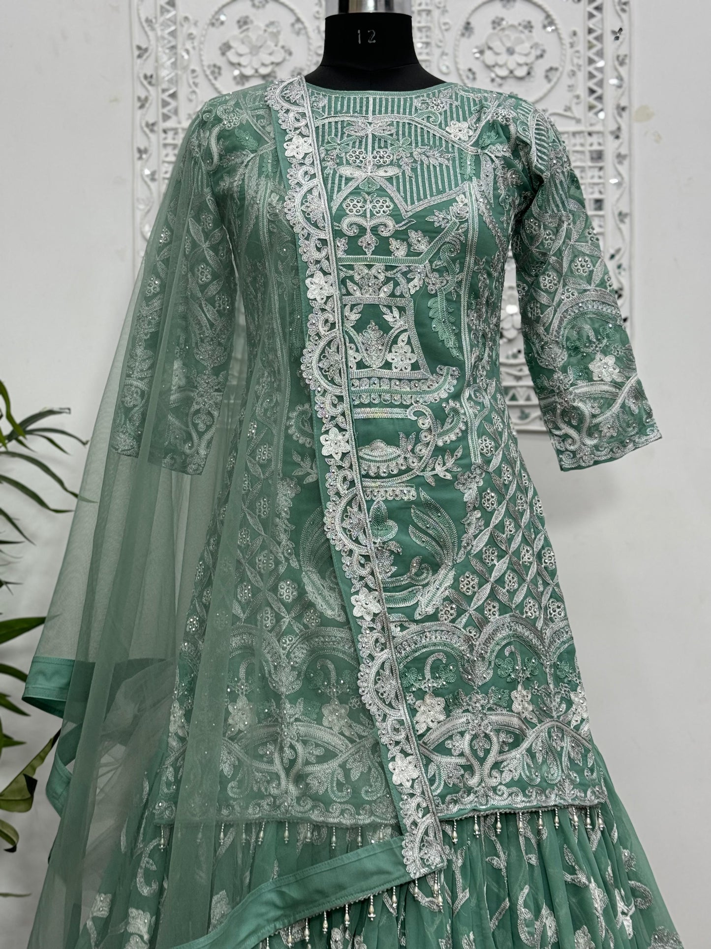 Embroidery Sequence Palazzo Suit in Light Green