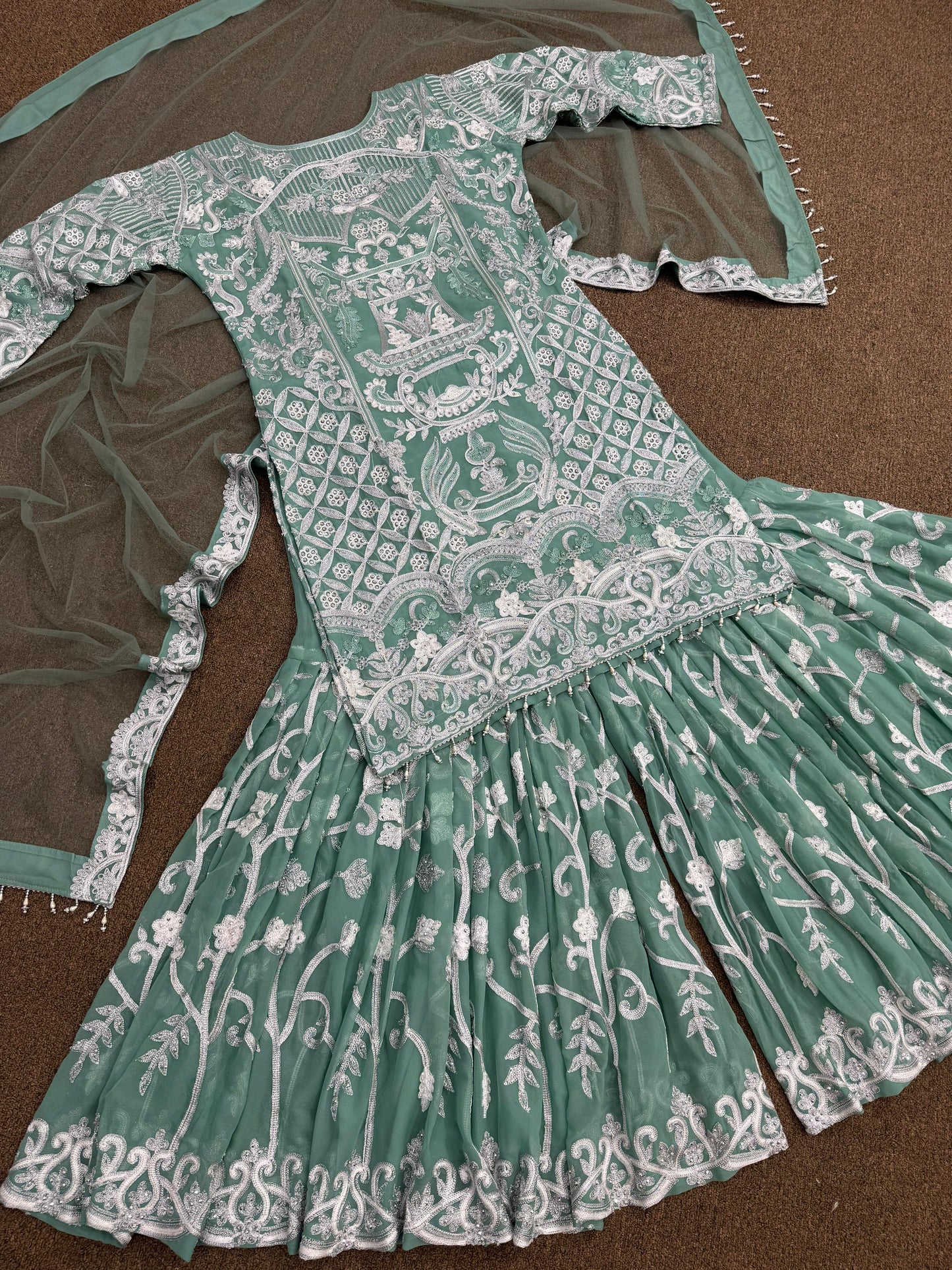 Embroidery Sequence Palazzo Suit in Light Green