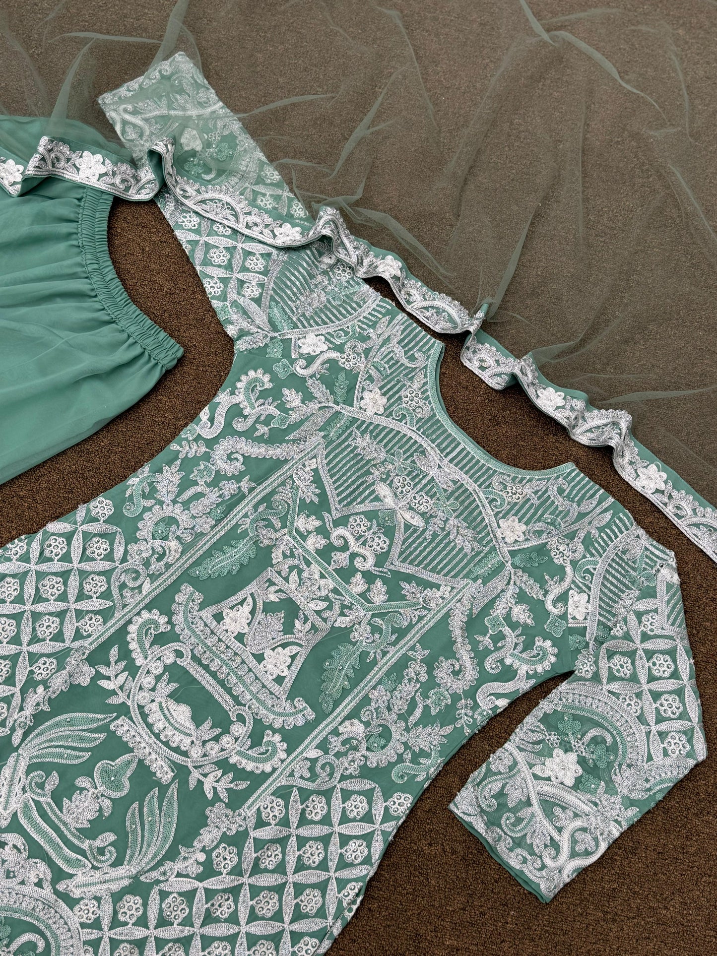 Embroidery Sequence Palazzo Suit in Light Green