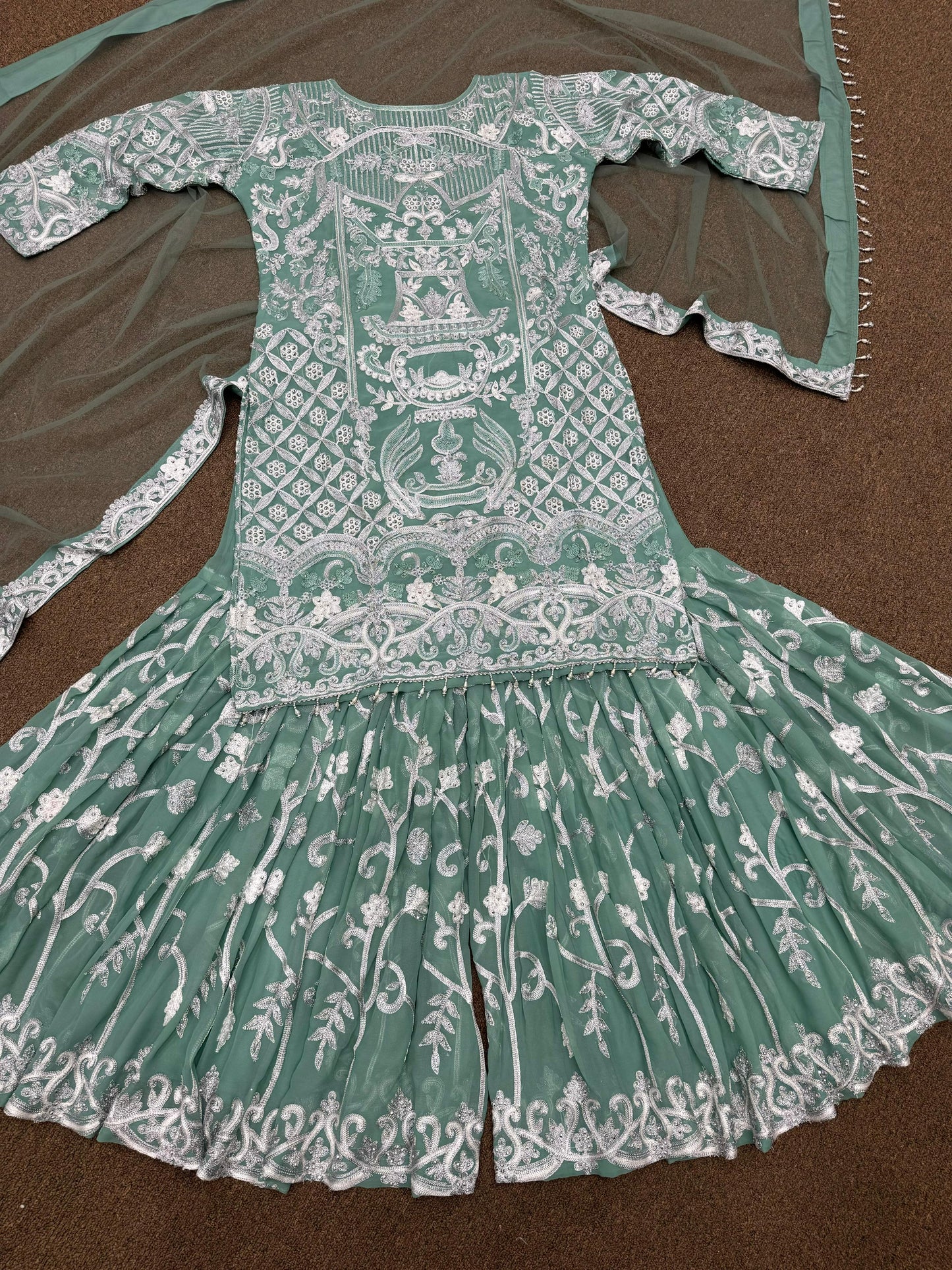 Embroidery Sequence Palazzo Suit in Light Green
