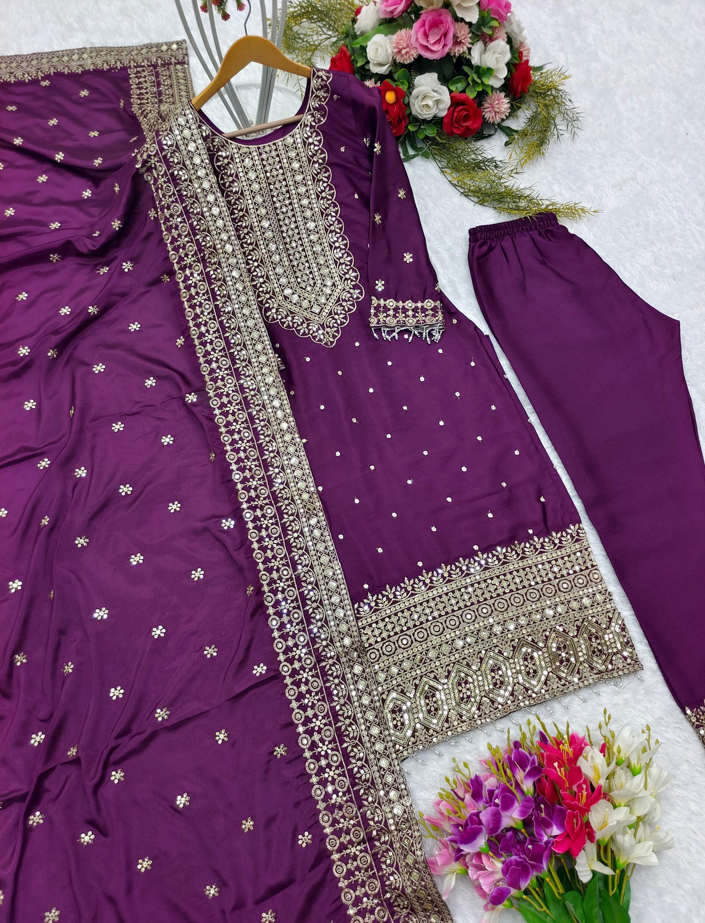 Wine Chinon Silk Embroidery Suit