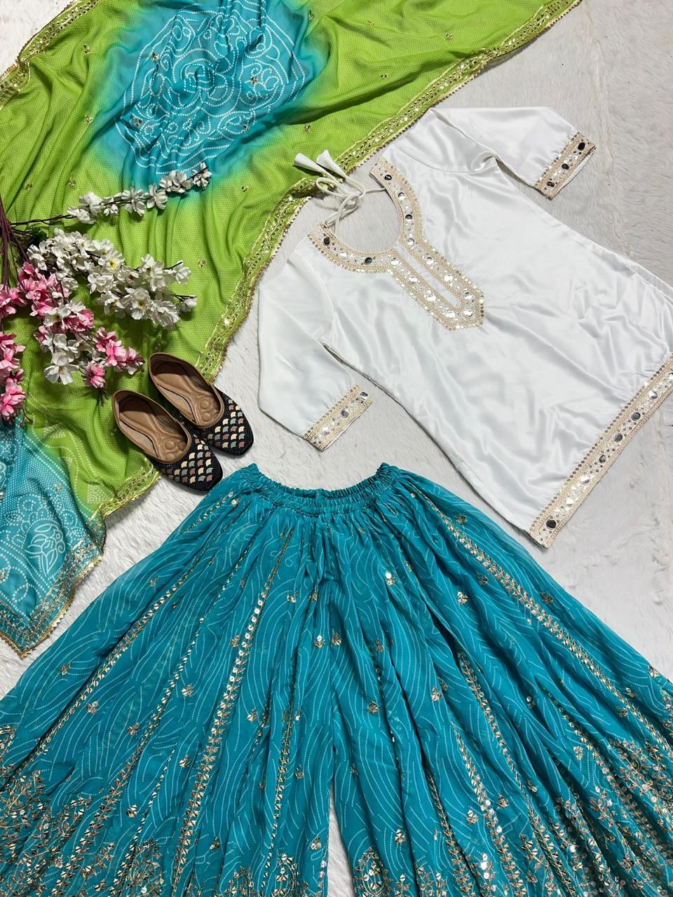 White Suit with Blue Sharara