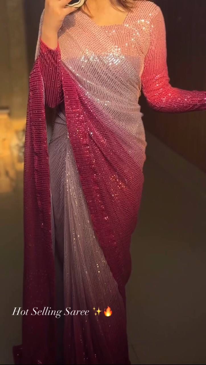 Pink Double Tone Sequence Saree with Stiched Blouse