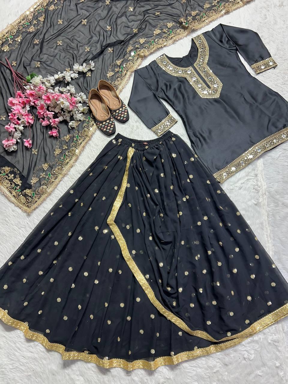 Designer Party Wear Set ā Top, Dhoti Skirt & Dupatta