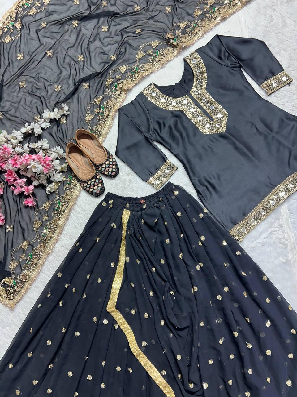 Designer Party Wear Set ā Top, Dhoti Skirt & Dupatta