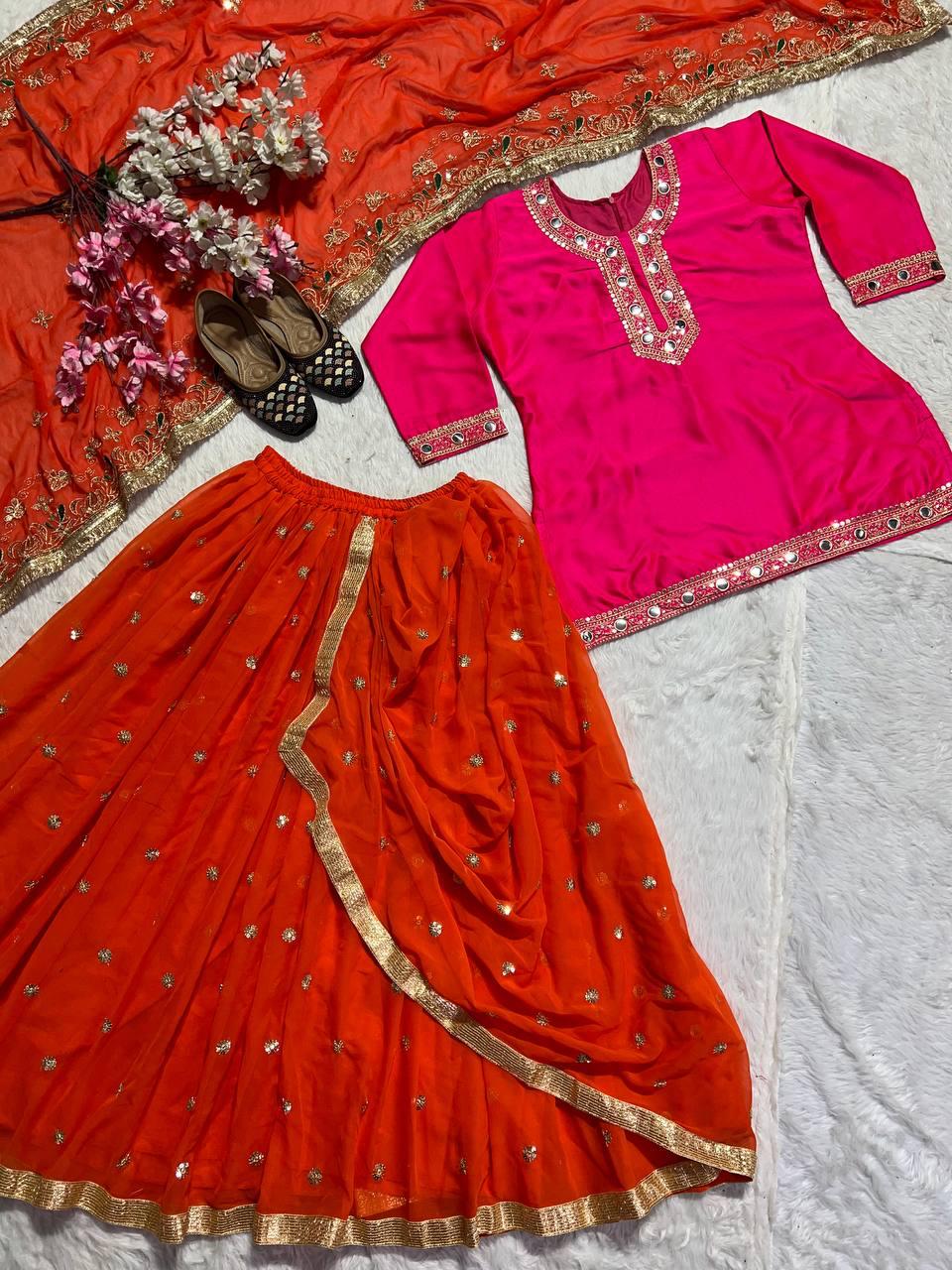 Designer Party Wear Set ā Top, Dhoti Skirt & Dupatta