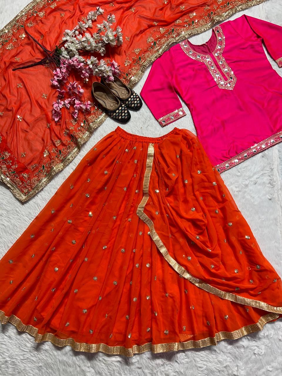 Designer Party Wear Set ā Top, Dhoti Skirt & Dupatta