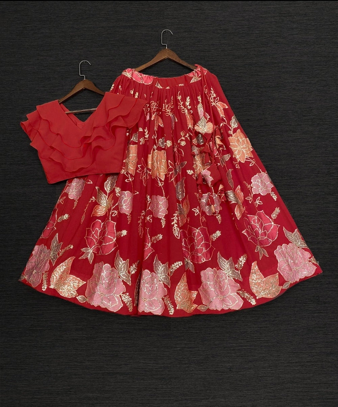 Red Girls Crop Top Sequece Lehenga