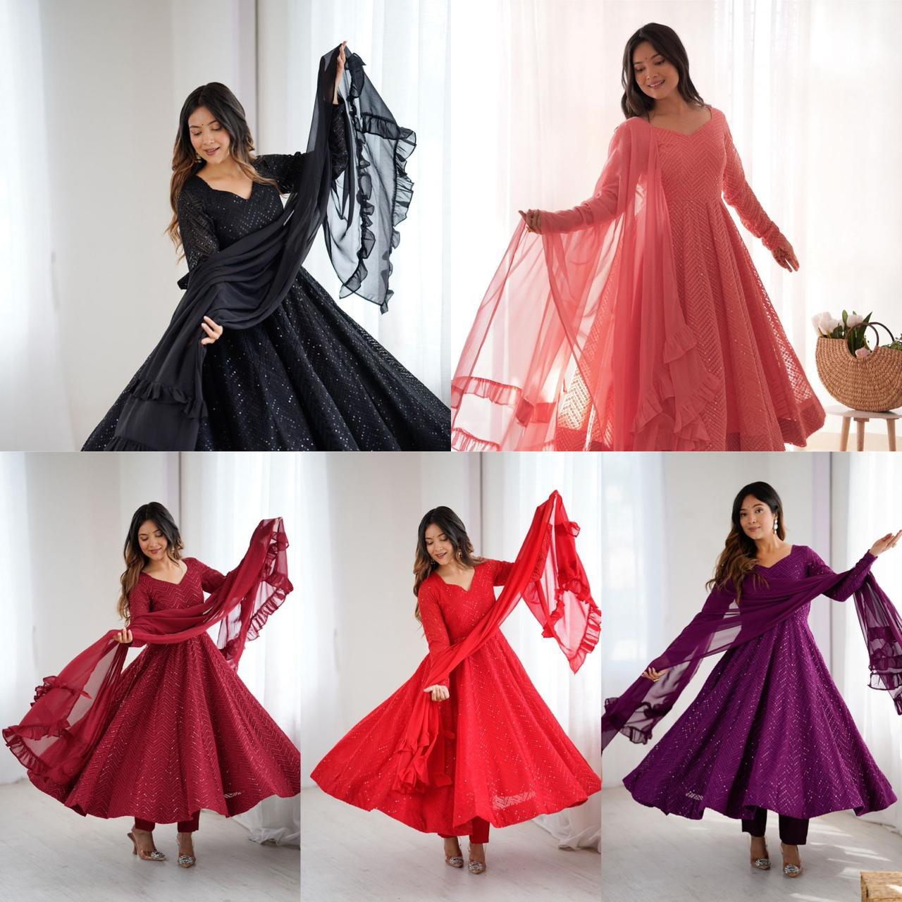 Lucknowi work Fully Flare Kali Pattern Anarkali with Pant & Dupatta Set