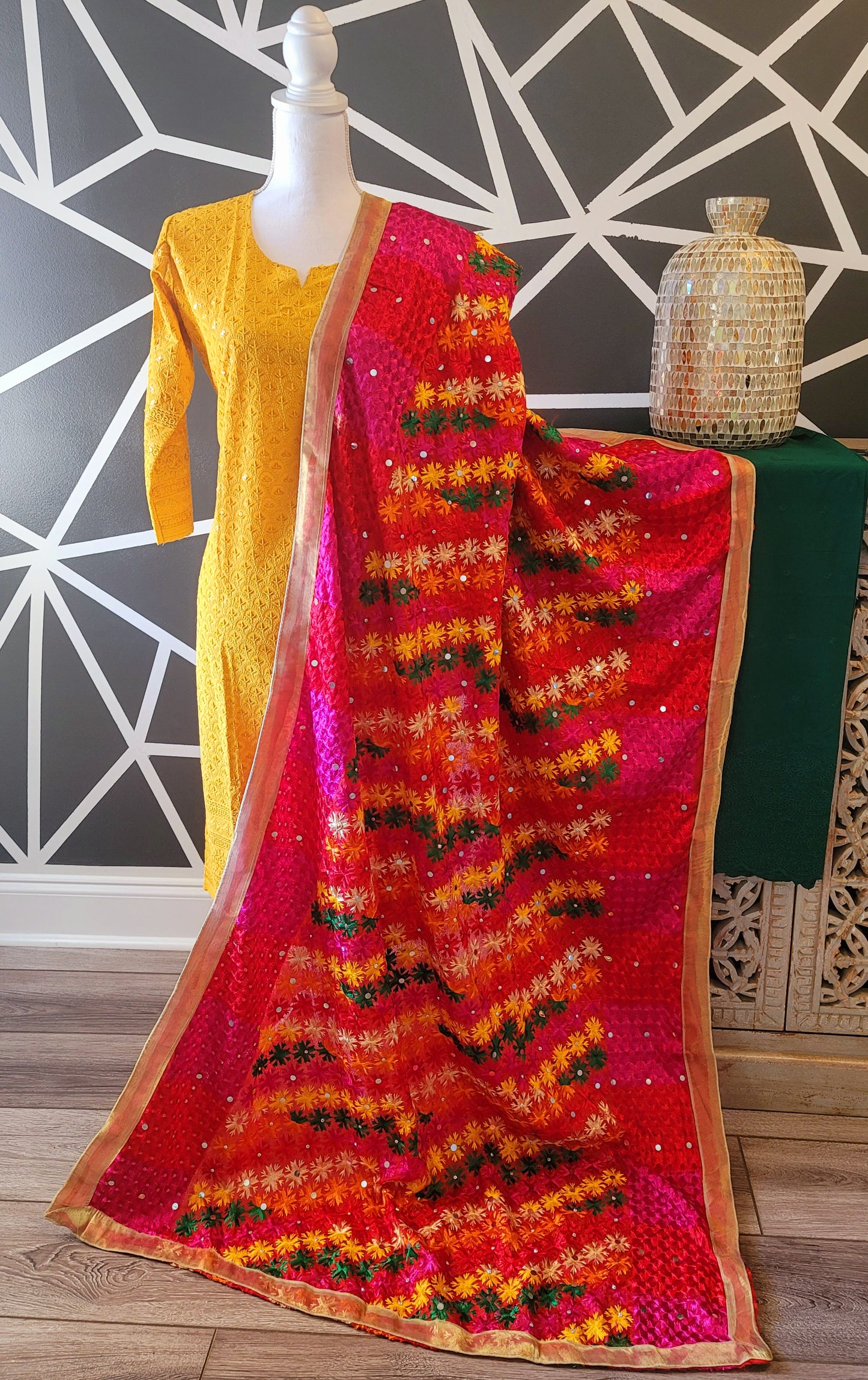 Yellow Chikankari Kurti,Plazzo with Raw Silk Duppata