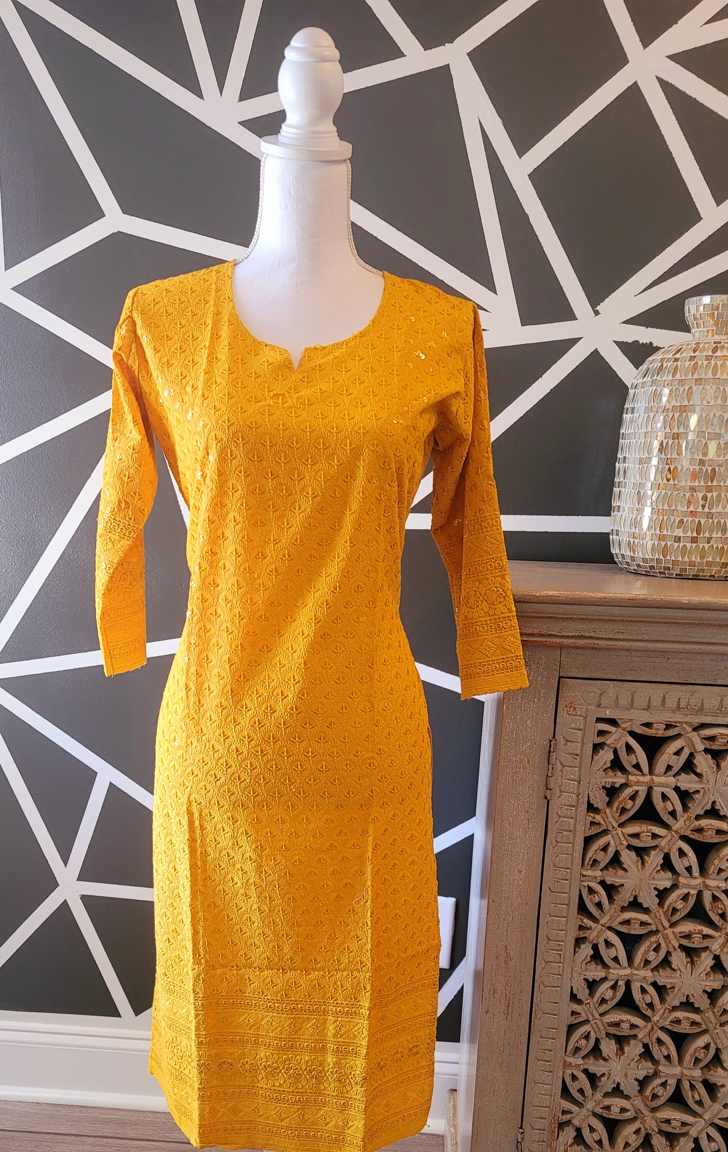 Yellow Chikankari Kurti,Plazzo with Raw Silk Duppata