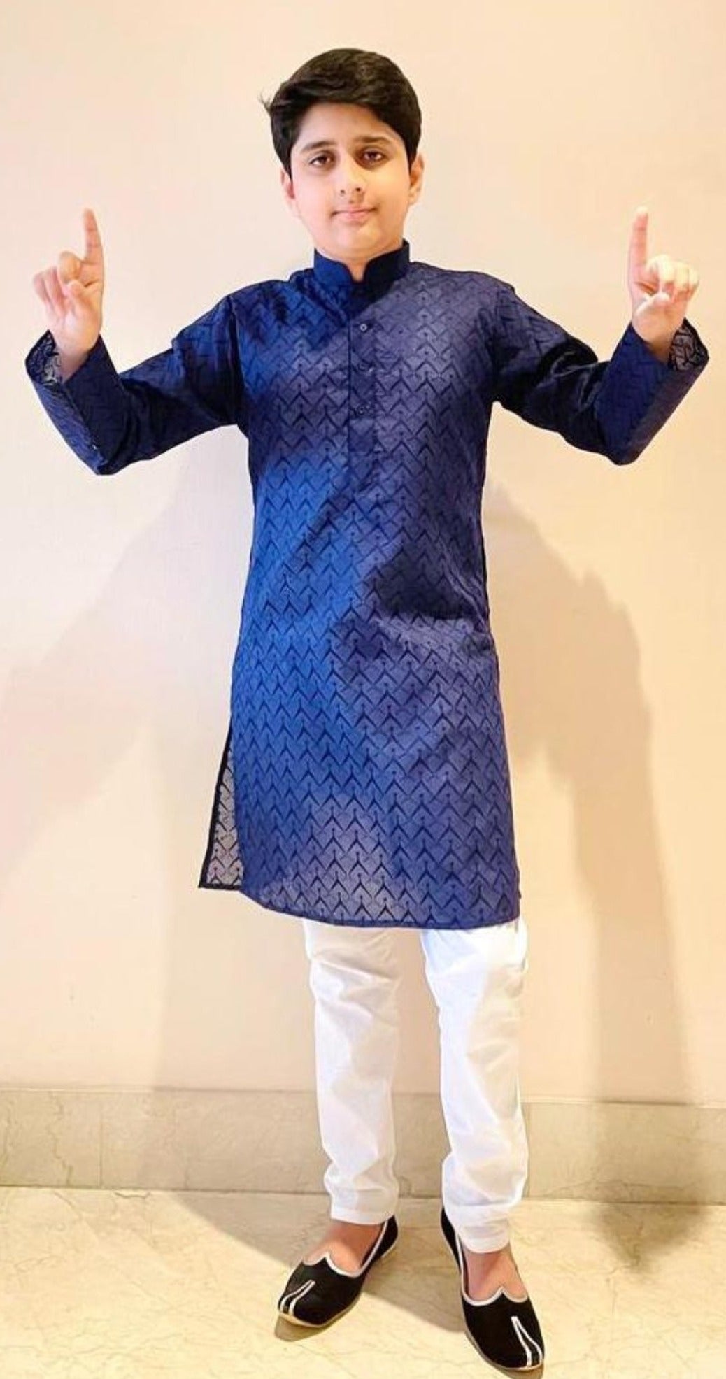 Boys Navy Blue Chikan Kurta Pajama