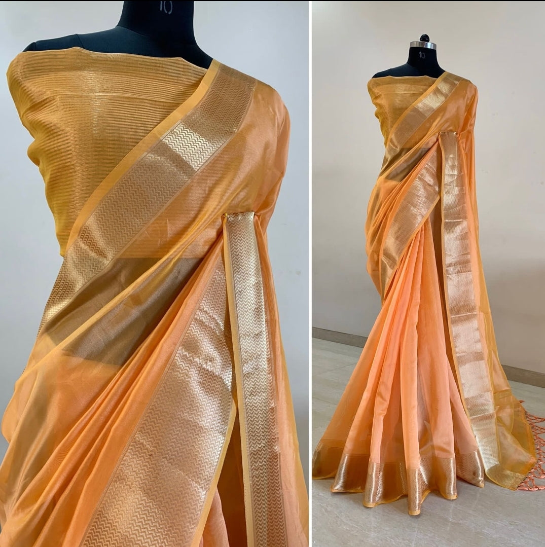Orange Organza Jacquard Saree