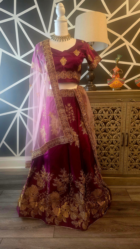 Purple Silk Lehenga with Flower Work