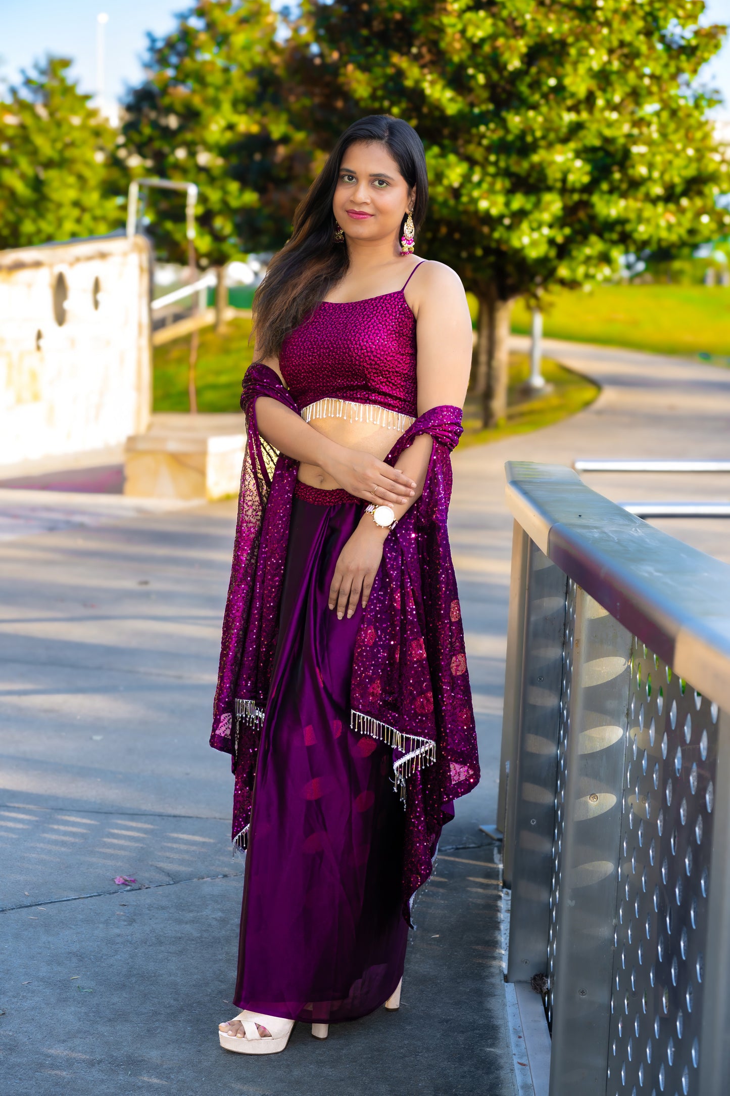 Wine Crop Top with Dhoti & Shrug