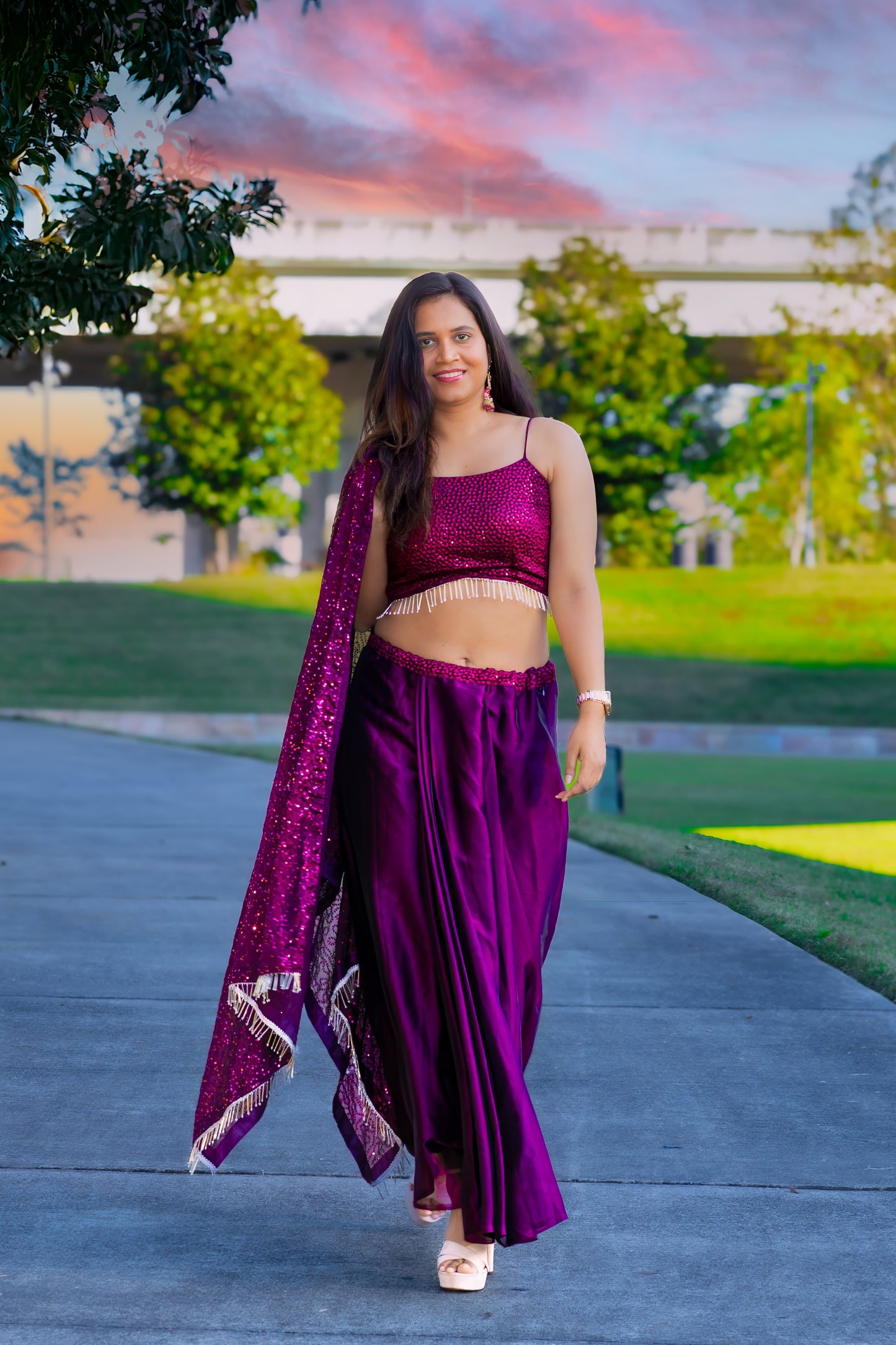 Wine Crop Top with Dhoti & Shrug