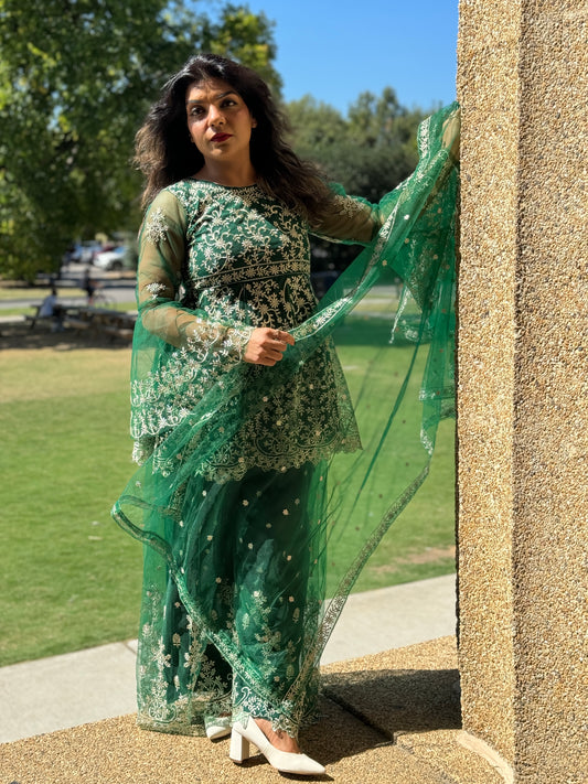 Green Embroidery Peplum Top with Sharara Pants