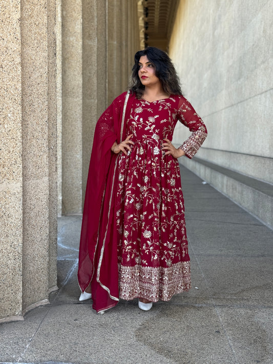 Red Embroidery Sequence Gown/Anarkali Kurti