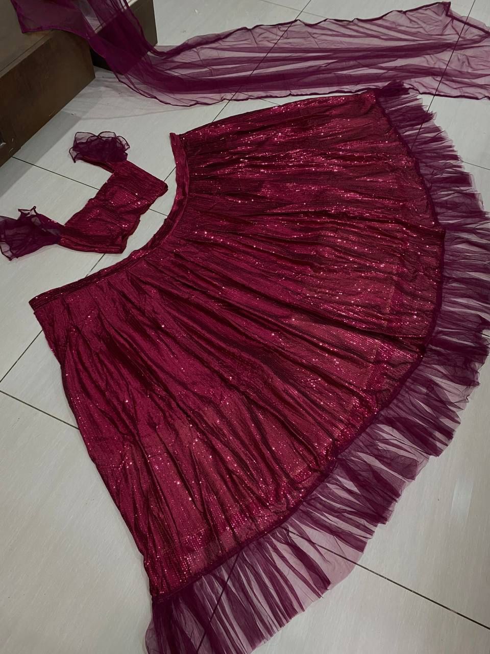 (Preorder) Wine Frill Sleeves Sequence Lehenga