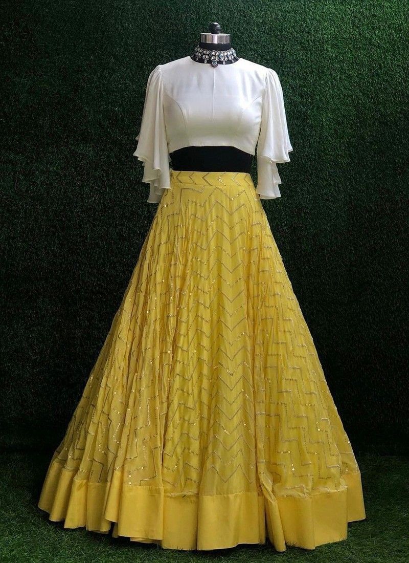 (Preorder) Yellow Sequence Lehenga with Fairy Sleeves White Blouse