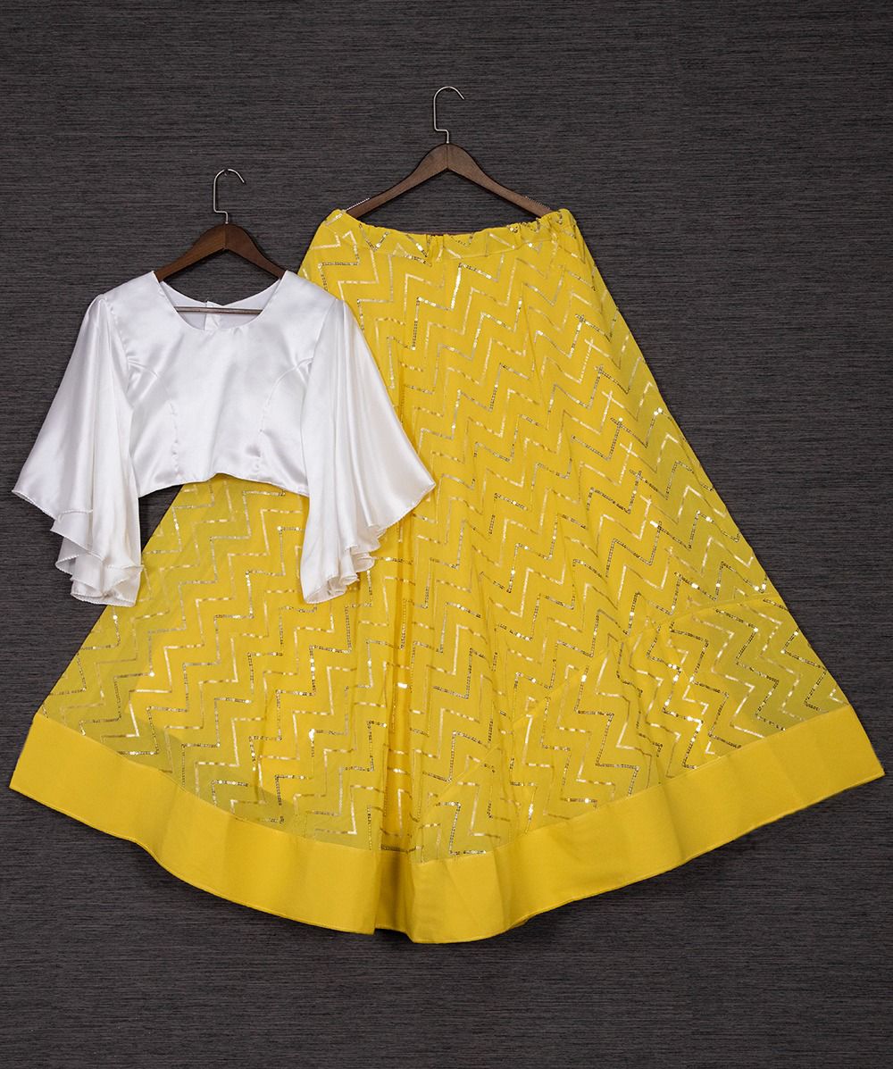 (Preorder) Yellow Sequence Lehenga with Fairy Sleeves White Blouse