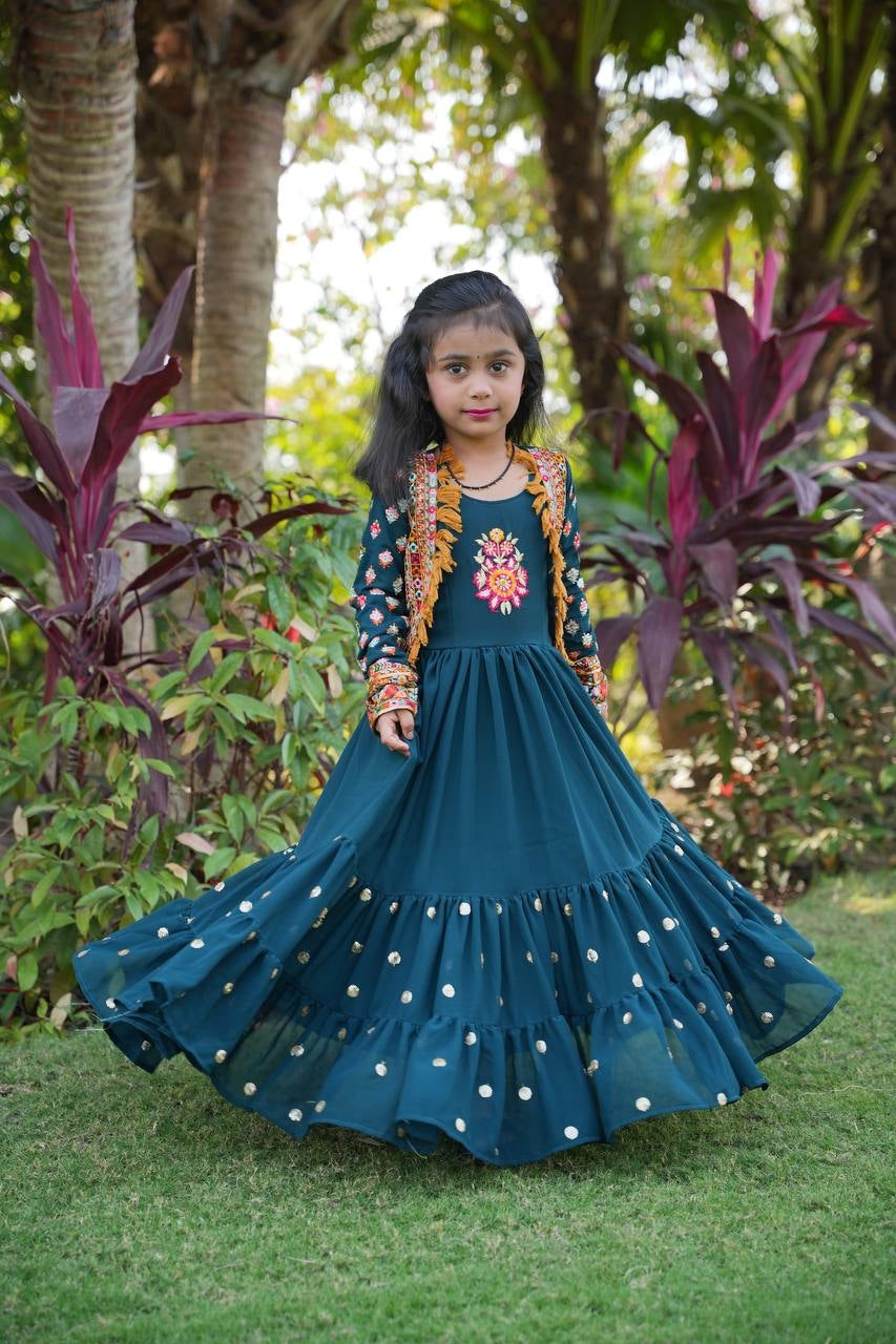 (Preorder) Dark Green Girls Designer Ruffle Layer Gown with Embroidery Jacket