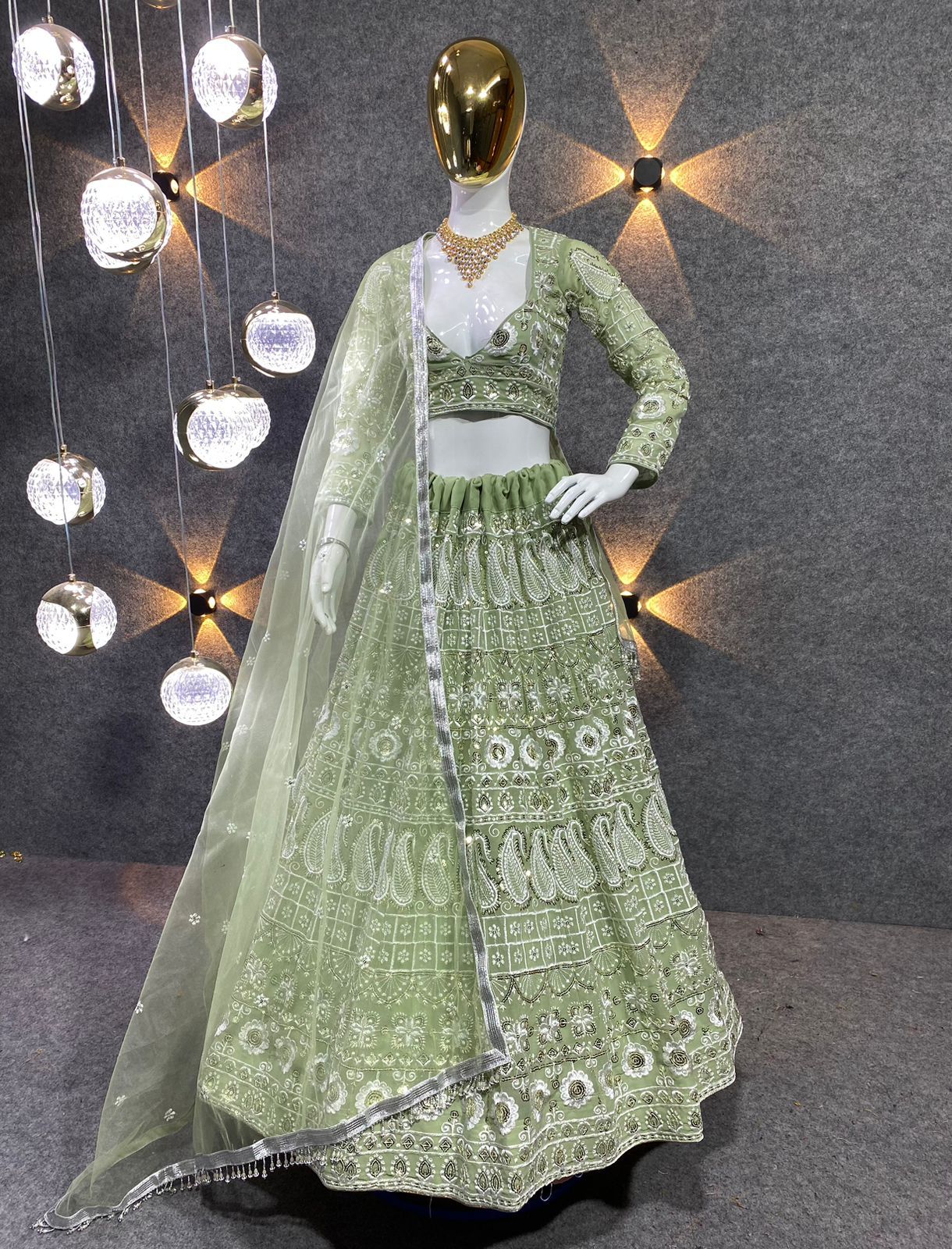 (Preorder) Light Green Georgette Embroidery Sequence Lehenga