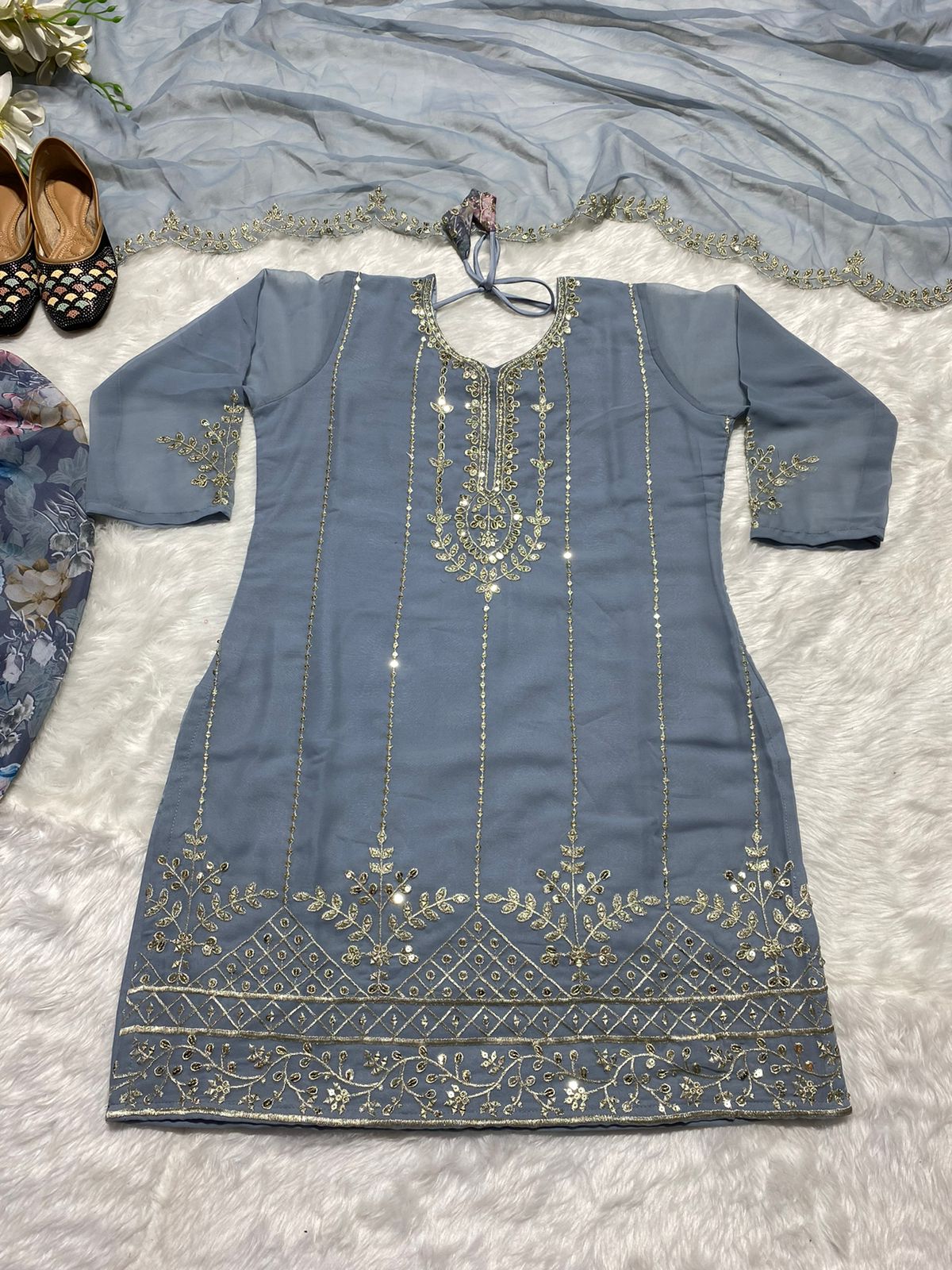 Gray Blue Designer Work Dhoti Salwar Suit