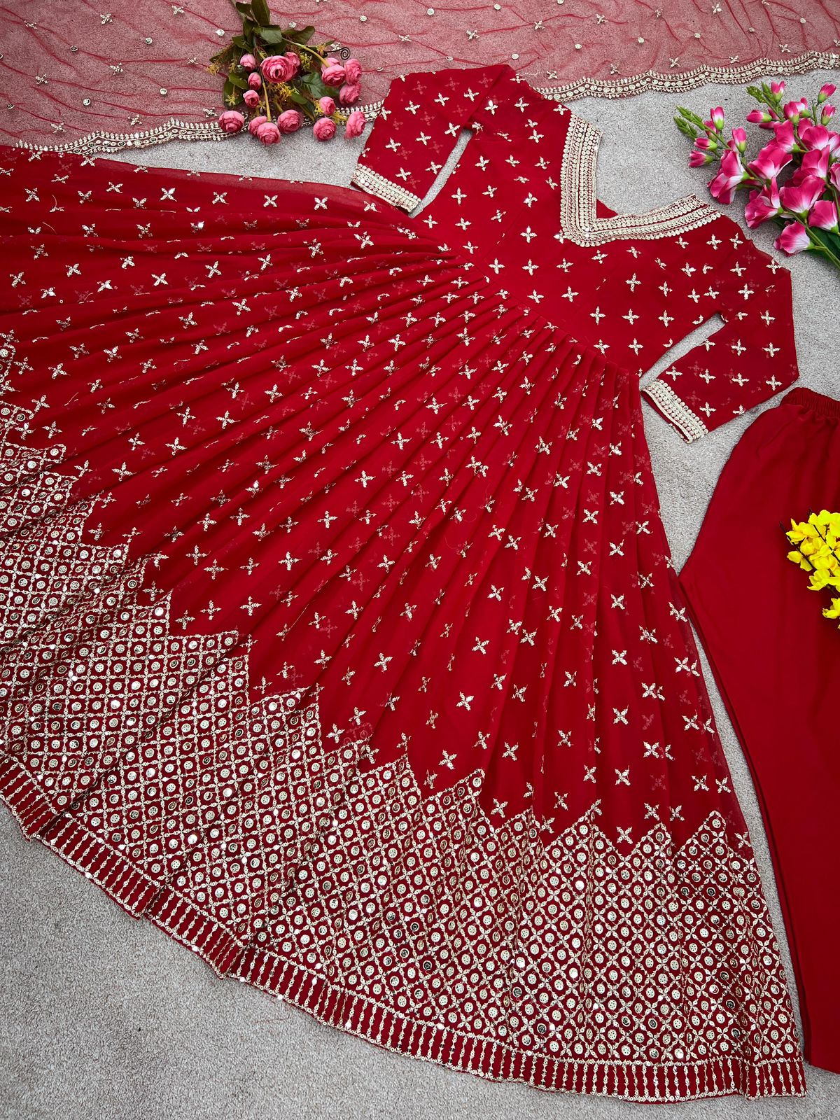 Red Embroidery Sequence Gown