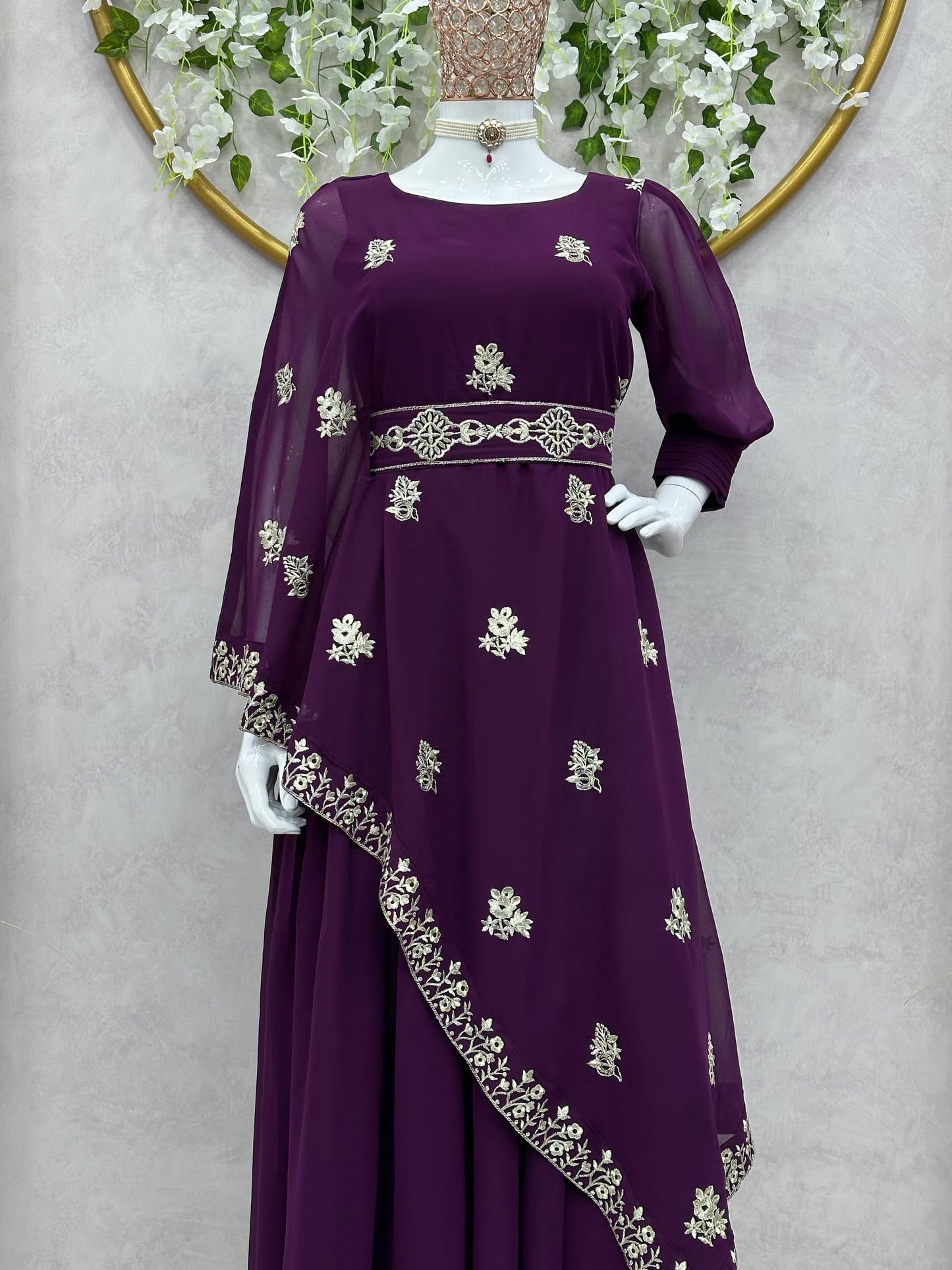 Wine Long Gown with 2 Layer Side Cut