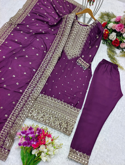 Wine Chinon Silk Embroidery Suit