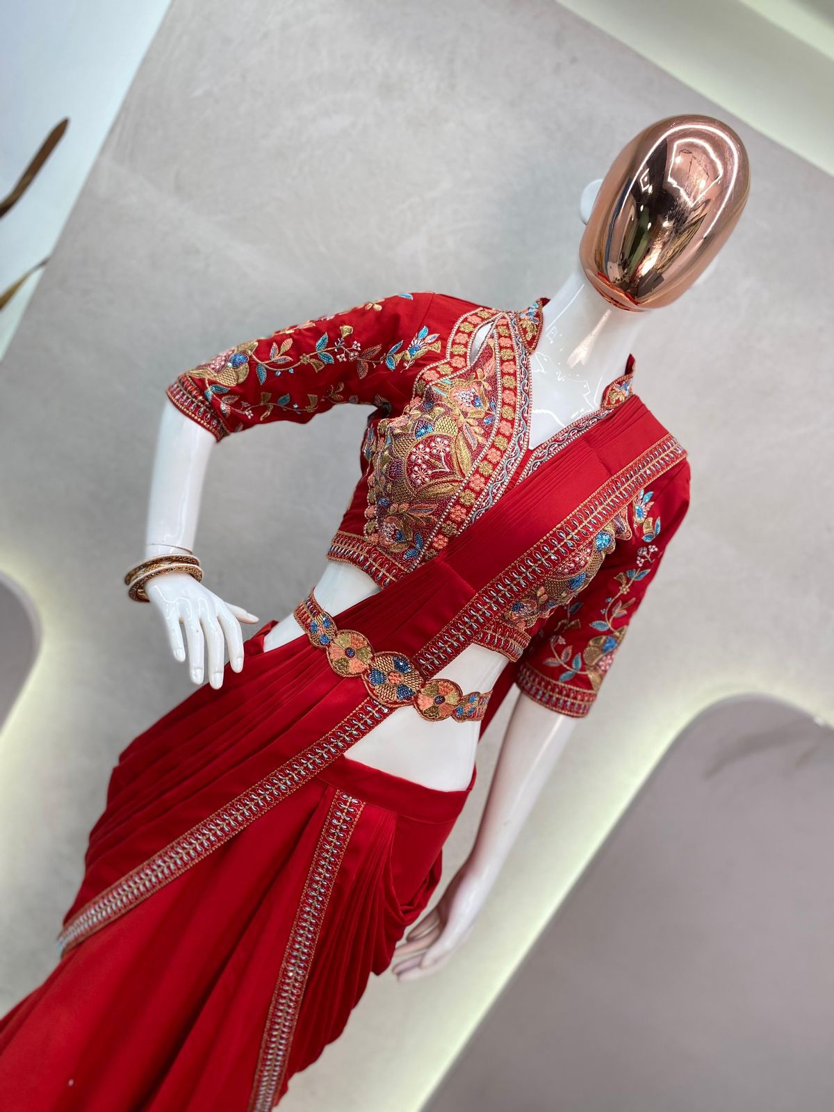 Red Lehenga Saree with Stitched Blouse