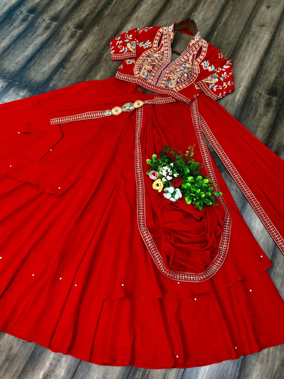 Red Lehenga Saree with Stitched Blouse