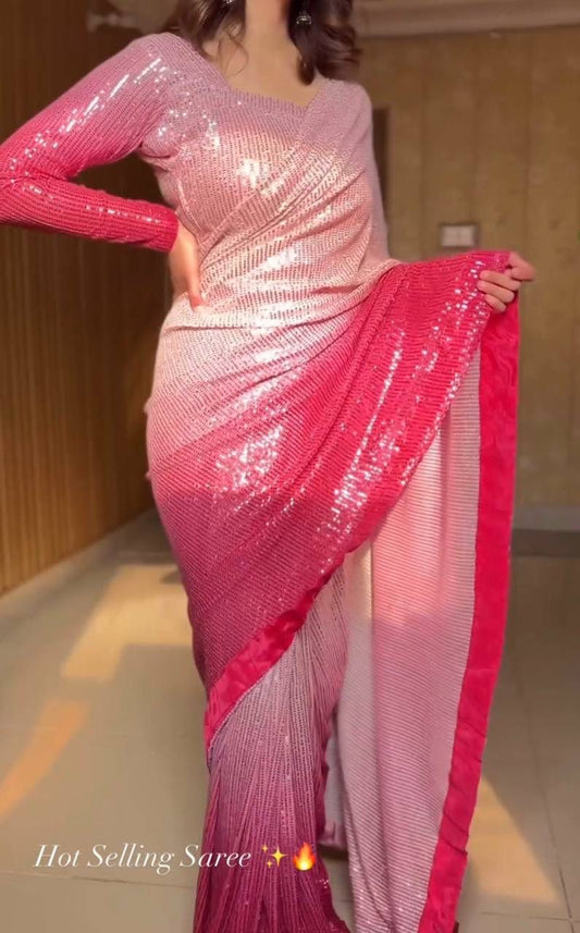 Pink Double Tone Sequence Saree with Stiched Blouse